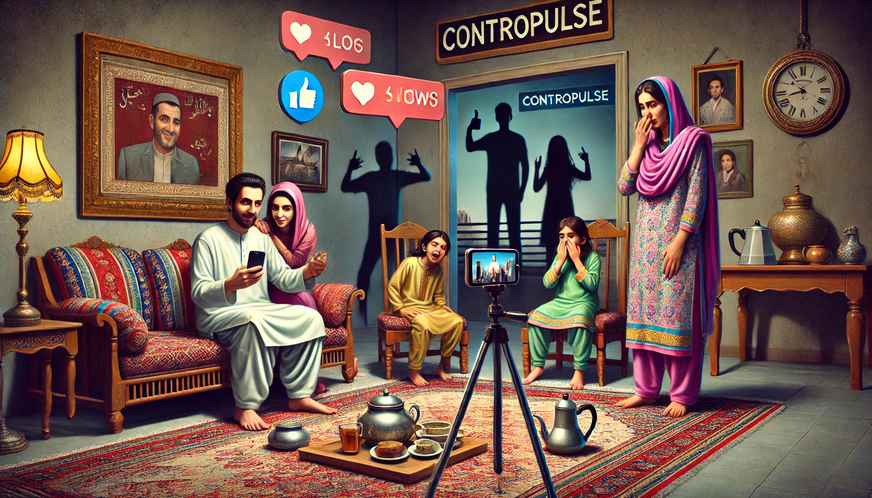 a family is enjoying while capturing their every moment on social media without knowing the cons of it. Contropulse has been written on the picture.