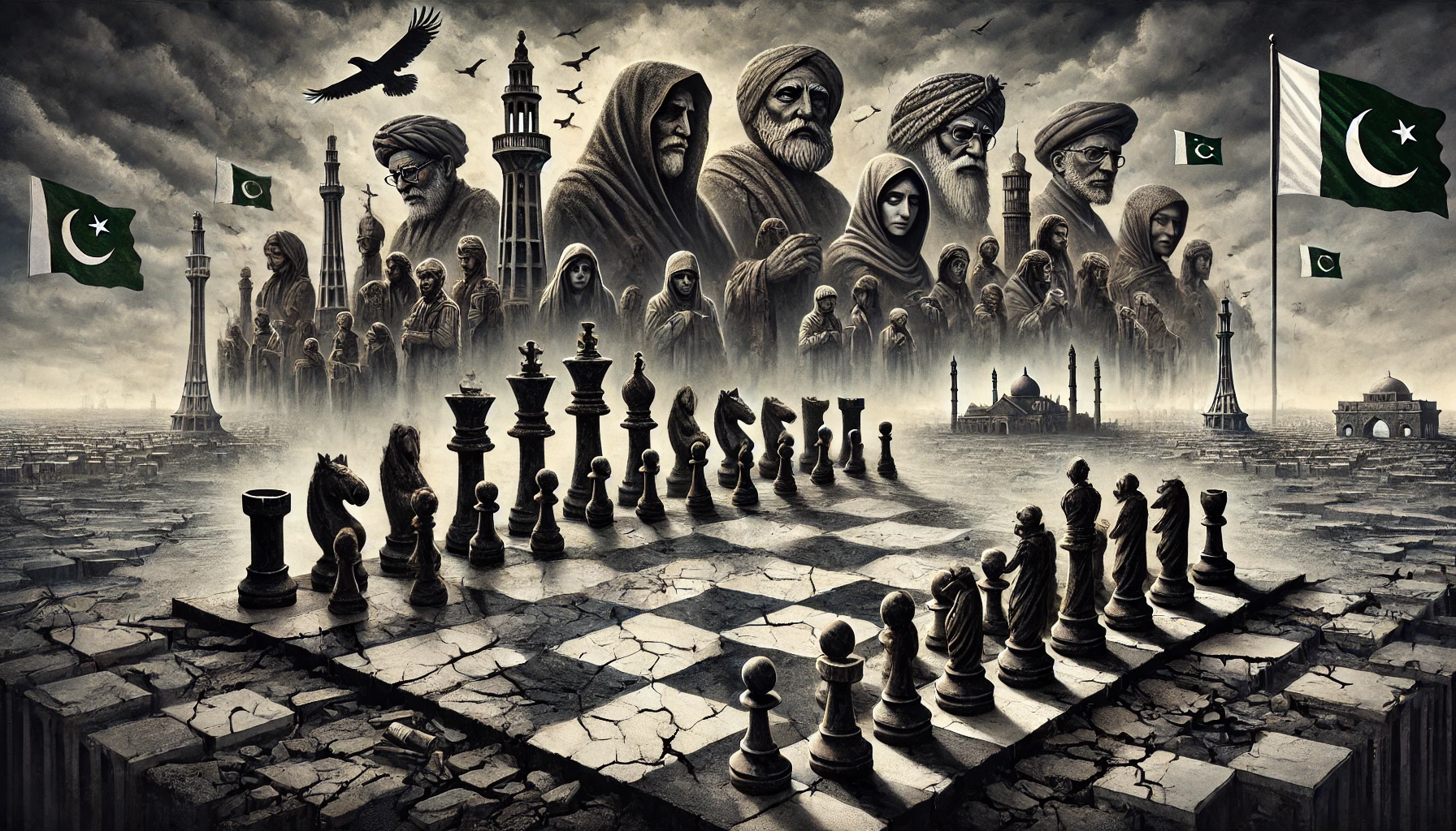 A chessboard showing Pakistan's politics, where tired pawns stand for common people, and tall shadowy pieces show powerful leaders, all under a stormy sky.