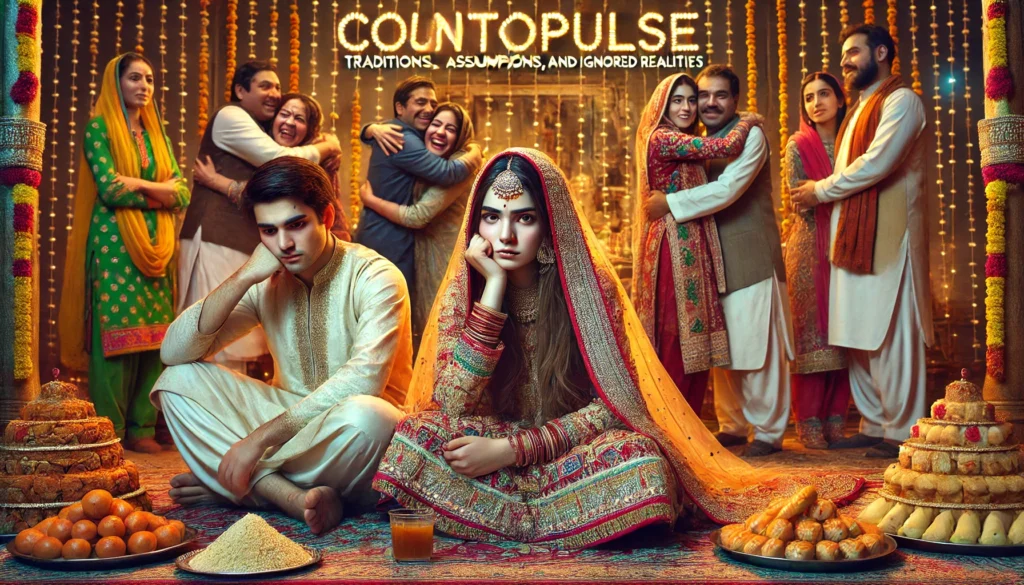 A traditional Pakistani wedding scene featuring a young bride and groom sitting on a decorated stage. The bride. wearing a dupatta and shalwar kameez, looks sad, while the groom, dressed in traditional attire, also appears unhappy. Behind them, family members celebrate joyfully, hugging each other amidst colorful wedding decorations, sweets, and bright lightening.