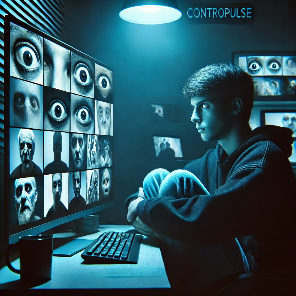 A person sitting in the dark room, staring blankly at the screen, emotionally numb from consuming disturbing cruel and shocking content. Shadows surround hi, symbolizing isolation and desensitization. The word "Contropulse" appears subtly in the image.
