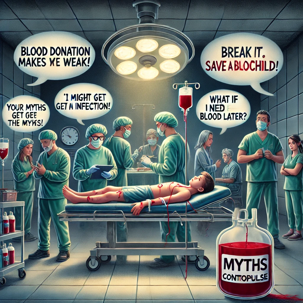 A tense scene inside an operation theater where a young child lies unconscious on the surgical table, surrounded by doctors urgently trying to save their life. Outside the theater, a group of people stand hesitantly, refusing to donate blood due to common myths. Speech bubbles above them read: "Blood donation makes you weak!", "I might get an infection!", and "What if I need my blood later?". A clock on the wall indicates time running out, while an empty blood bag highlights the critical need. Bold text on the image says "Contropulse", with a tagline at the bottom: "Your myths cost lives. Break the myths. Donate blood, save a child.