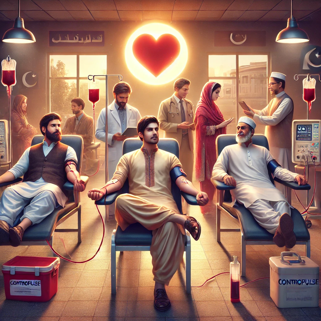 A digital illustration of a blood donation scene in Pakistan with Contropulse technology. Men and women in traditional and modern clothes sit in a bright donation center, donating blood through advanced machines. A nurse in a shalwar kameez monitors the process. In the background, a glowing heart symbol and a hospital with Urdu signs highlight the life-saving impact. The scene feels warm, hopeful, and caring.