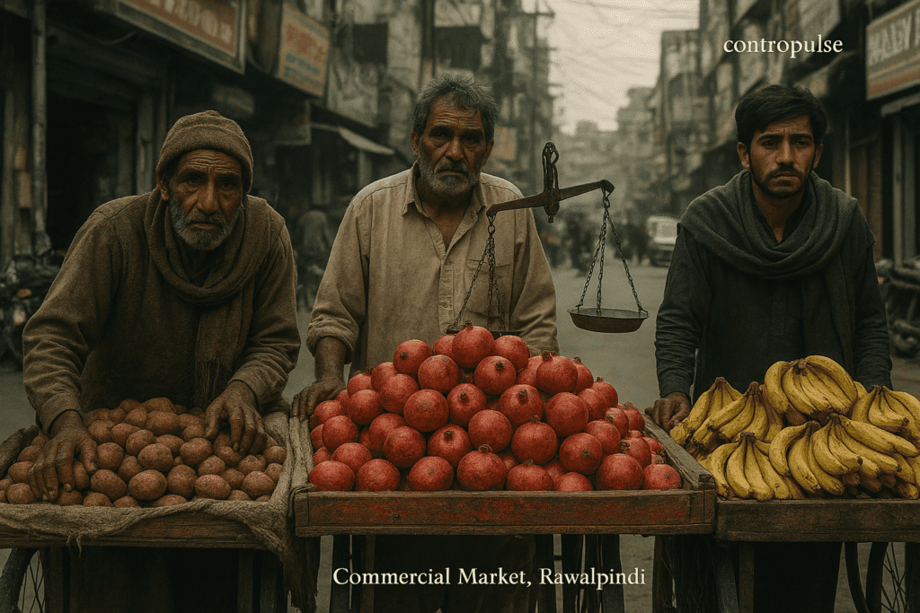 Three street vendors in Commercial Market, Rawalpindi, standing by their carts with tired faces, showing their daily struggles. "Contropulse" has been written in the corner of the picture.