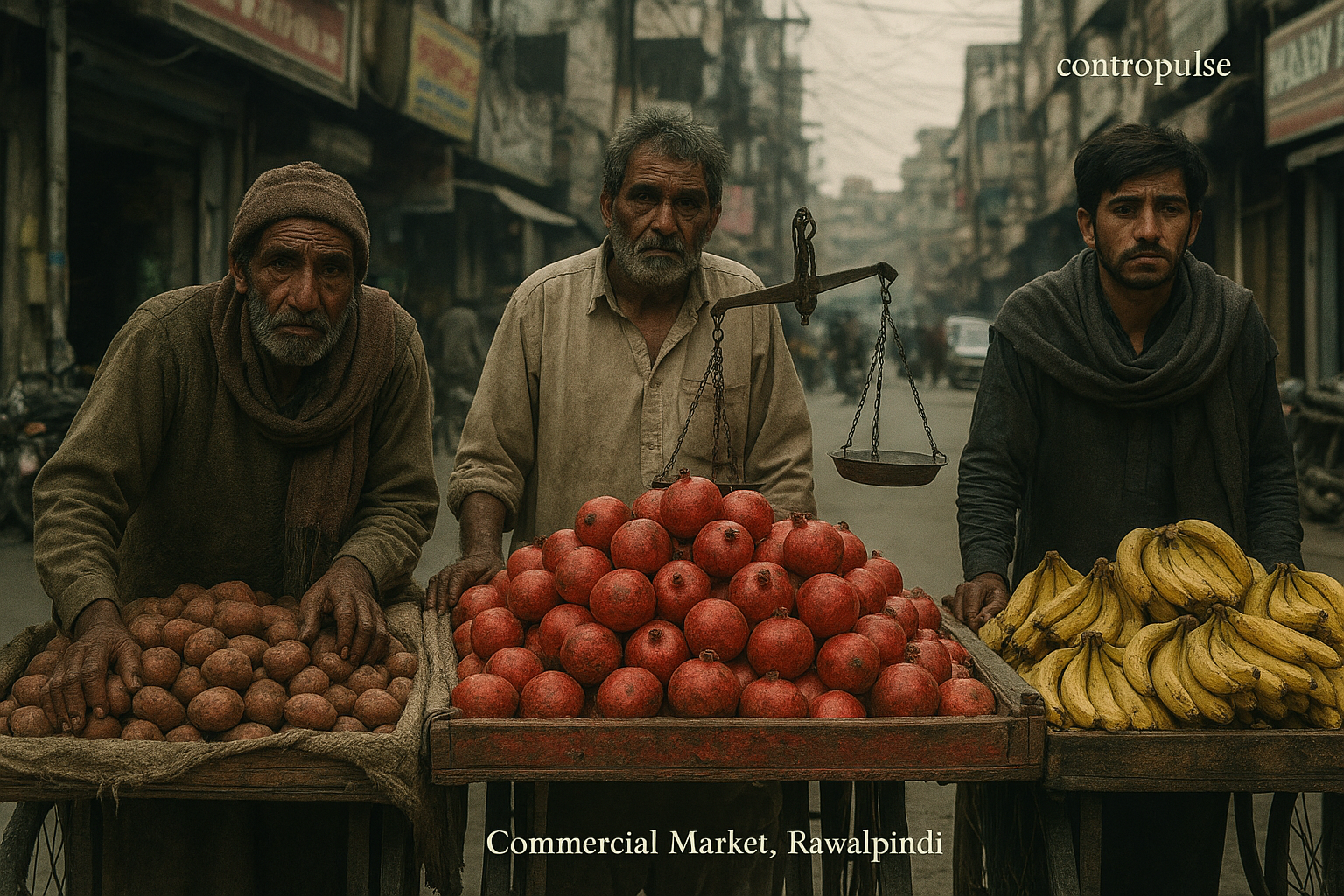 Three street vendors in Commercial Market, Rawalpindi, standing by their carts with tired faces, showing their daily struggles. "Contropulse" has been written in the corner of the picture.
