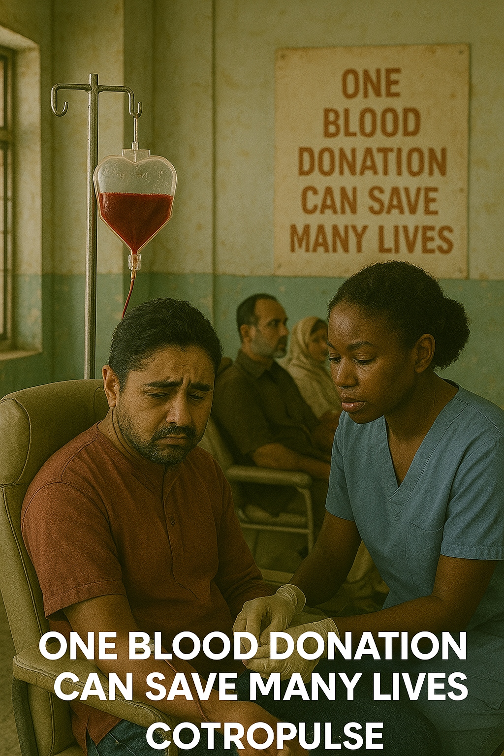 A young Pakistani woman is sitting in a chair at a local government hospital, giving blood. She looks emotional but calm. A nurse is helping her with care. Behind them, there’s a poster on the wall that says, "One blood donation can save many lives." At the bottom, it just says "Contropulse." The place looks simple, and the feeling is serious but full of hope.