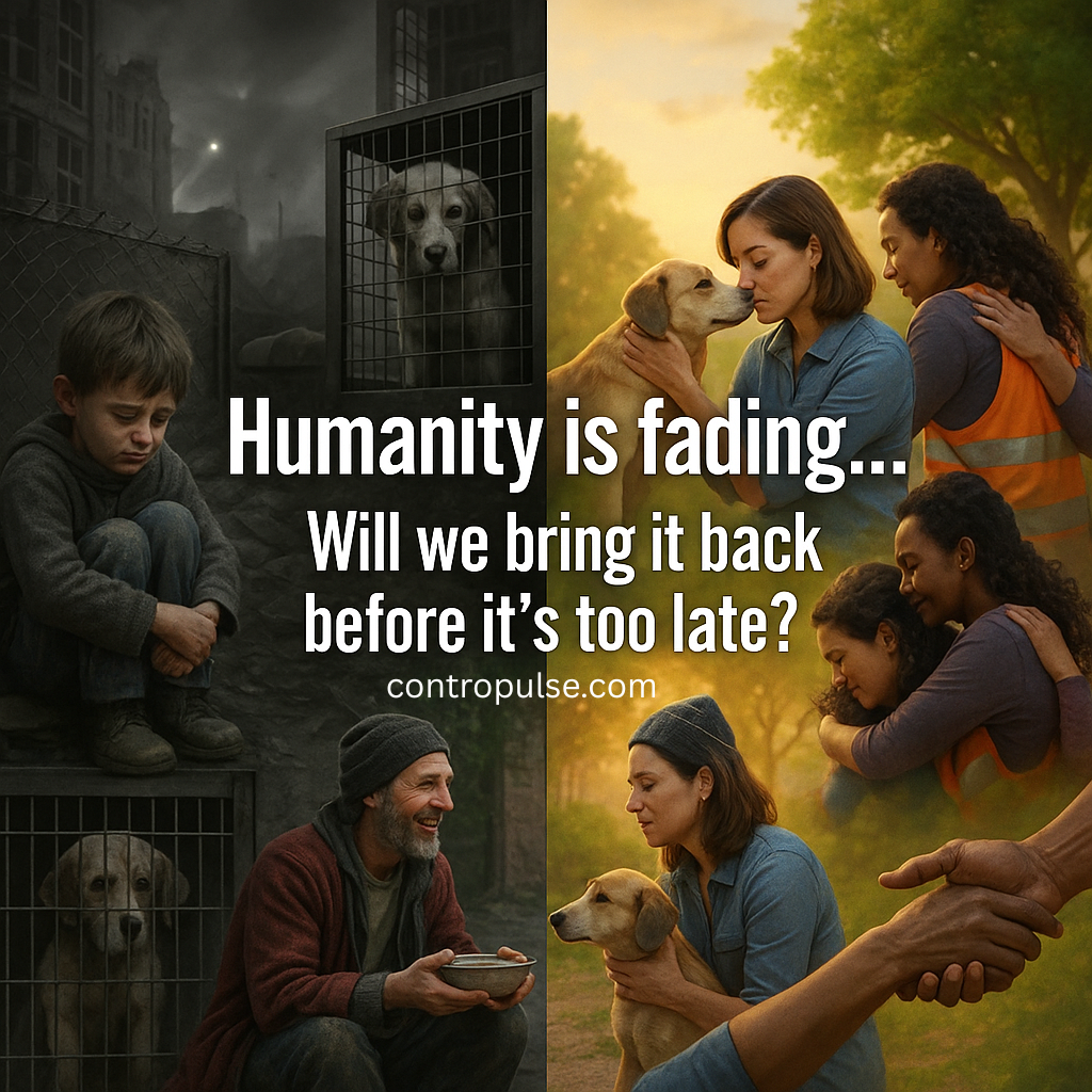 Split-screen image: The left half shows a dark, war-torn scene with a sad child and caged dog, while the right half displays bright, warm moments of people helping each other and showing love to animals. In the center, bold text reads: “Humanity is fading… Will we bring it back before it’s too late?