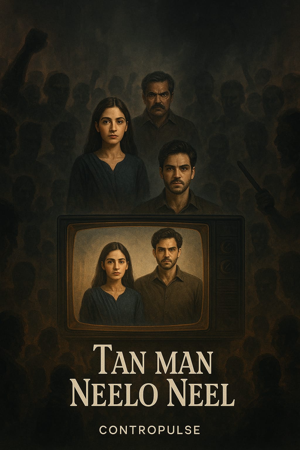 A poster for the drama Tan Man Neelo Neel shows a man and woman on an old TV screen, glowing with soft light. Around the TV, a crowd of angry, shadowy people is shown, creating a dark and chaotic scene.