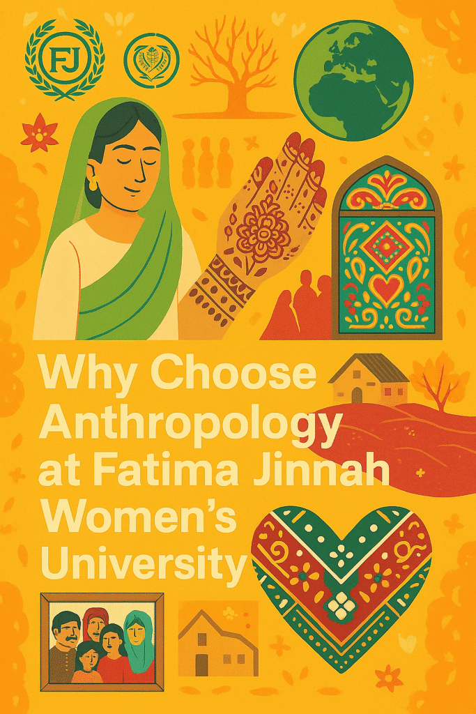 A colorful digital illustration highlighting "Why Choose Anthropology at Fatima Jinnah Women's University." The poster features a Pakistani woman in traditional attire with a green dupatta, henna on her hand, and surrounded by cultural symbols including truck art, family portraits, village houses, floral designs, and logos of FJWU. The background is a warm yellow-orange with visual elements representing heritage, community, and diversity in a Pakistani context.
