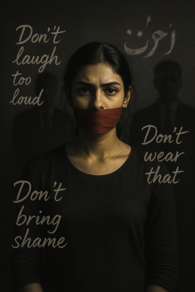 A young South Asian woman stands with a red cloth tied across her mouth, her intense eyes facing forward. Faded commands like “Don’t laugh too loud” and “Don’t bring shame” surround her, while the word “izzat” (honor) looms behind, along with blurred silhouettes of men in suits—symbolizing societal control over women under the guise of honor culture in Pakistan.