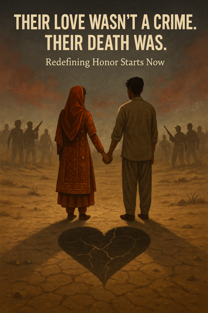 A symbolic digital illustration of a Baloch couple standing in a desert, holding hands with heart-shaped cracked shadows, while armed villagers appear in the background, representing honor killings in Balochistan.