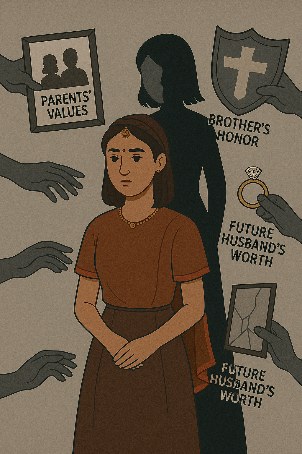 A digital illustration highlighting the cost of being a good girl in Pakistani society. A young Pakistani woman stands in the center, her expression distant. Grey, ghostly hands labeled "parents' values," "brother’s honor," and "future husband’s worth" reach out to pull her in different directions. Behind her, a shadow holds a shattered mirror, symbolizing her lost identity. The muted background and spotlight on the woman emphasize societal pressure and emotional burden.