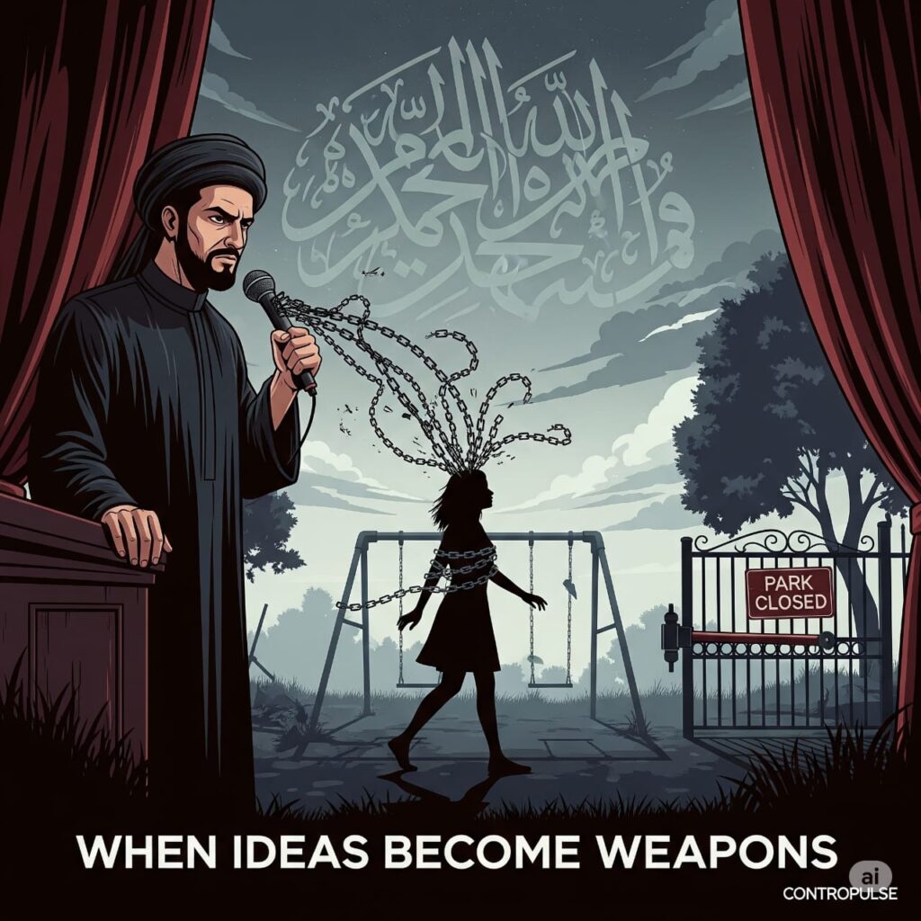 This is a picture of a man speaking at a microphone, with chains coming out of it. The chains are wrapping around a woman who is walking in a sad, empty park. There's a broken swing set and a closed gate that says "Park Closed." The sky looks dark and gloomy. You can see faded Arabic writing in the background. At the bottom, it says "When Ideas Become Weapons."