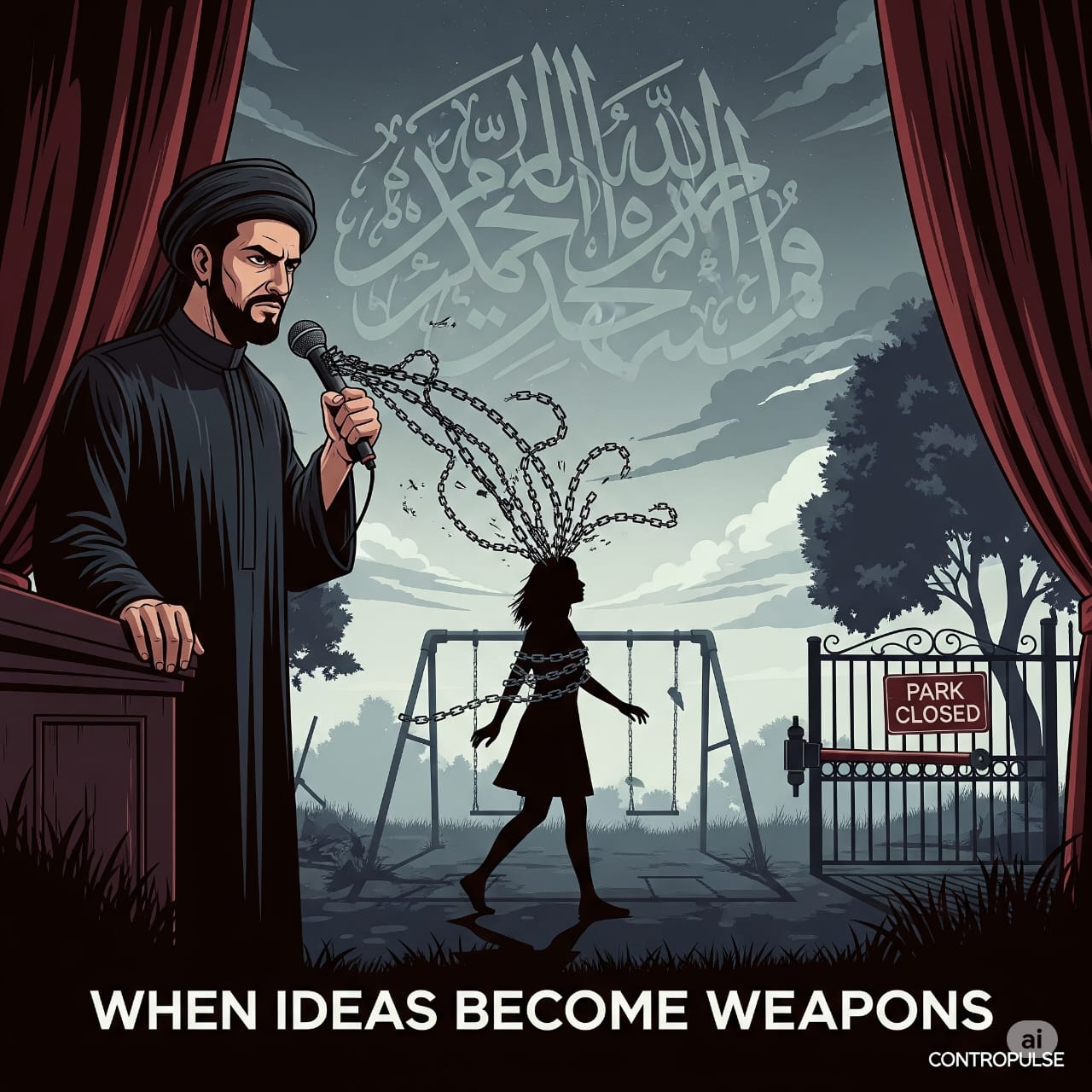 This is a picture of a man speaking at a microphone, with chains coming out of it. The chains are wrapping around a woman who is walking in a sad, empty park. There's a broken swing set and a closed gate that says "Park Closed." The sky looks dark and gloomy. You can see faded Arabic writing in the background. At the bottom, it says "When Ideas Become Weapons."
