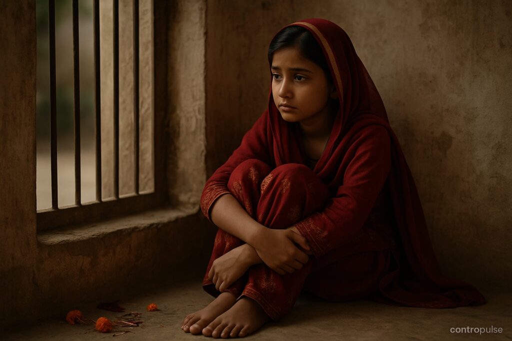 A young South Asian Hindu girl in traditional red clothing sits alone beside a barred window, looking out with a solemn expression.