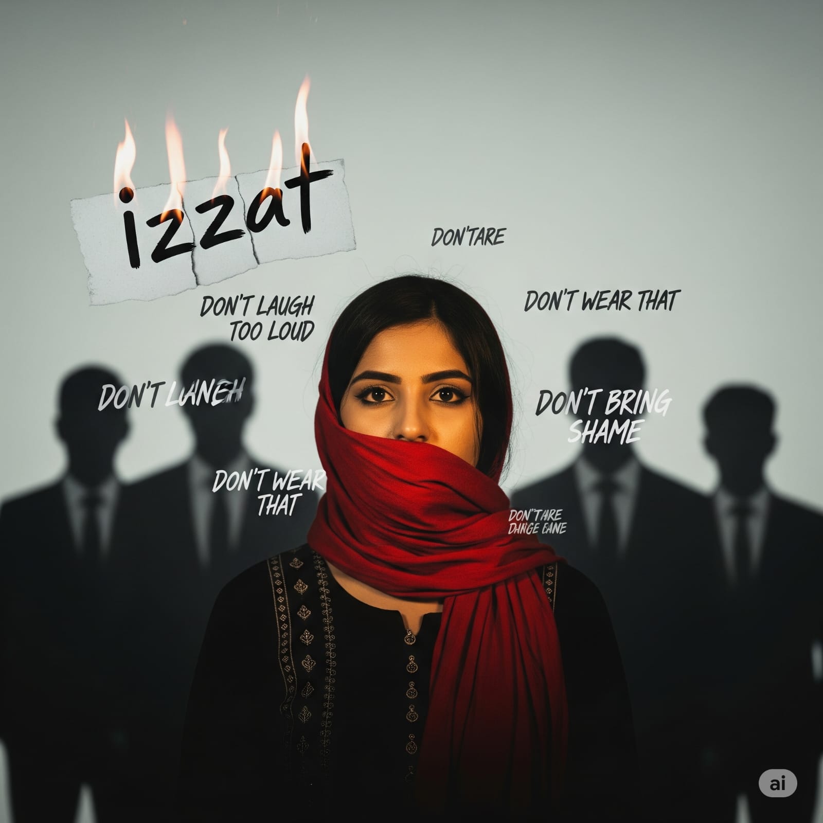 A grayscale picture of a young Pakistani woman. A red cloth covers her mouth, but her eyes look strong and determined. Behind her are dark shadows of men in suits. Faint words like "Don't laugh too loud" appear around her. The Urdu word for "honor" (izzat) is shown torn and burning in the background. This image is about standing up against honor culture.