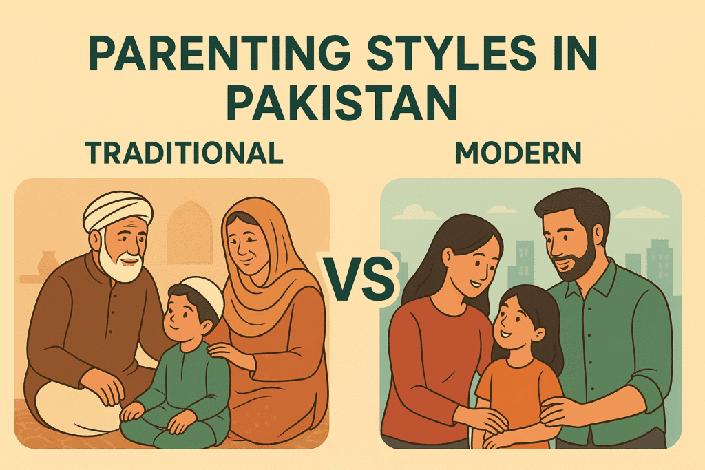 Illustration comparing parenting styles in Pakistan, showing a traditional family with elders guiding a child on one side and a modern urban family with parents and a child on the other, highlighting the contrast between traditional and modern approaches.