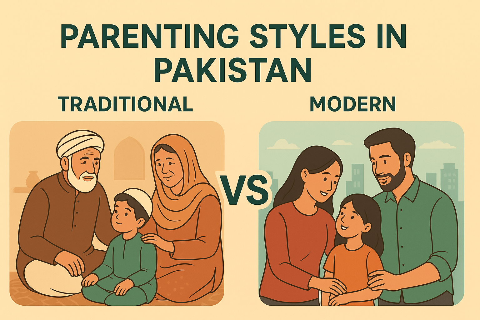 Illustration comparing parenting styles in Pakistan, showing a traditional family with elders guiding a child on one side and a modern urban family with parents and a child on the other, highlighting the contrast between traditional and modern approaches.